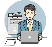ノートパソコンを使ってコピー機から資料を出力する男性のイラスト