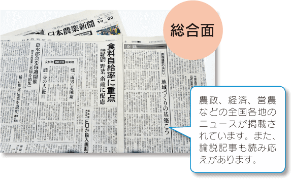 日本農業新聞 総合面 全国各地の農政、経済、営農などのニュースが掲載されています。また、論説記事も読み応えがあります。