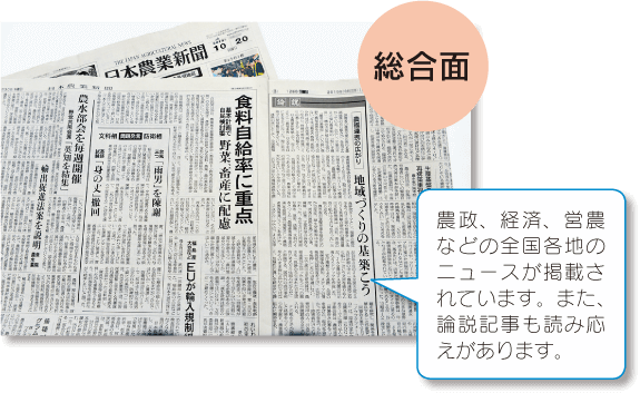 日本農業新聞　総合面　全国各地の農政、経済、営農などのニュースが掲載されています。また、論説記事も読み応えがあります。